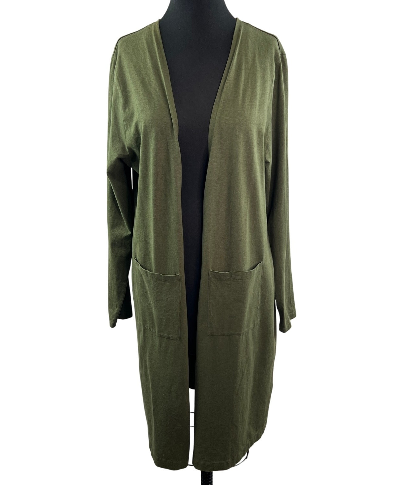Hemp Momma Cardigan Knit Sweater Olive Green Long Sleeve Open Front Pockets O/S